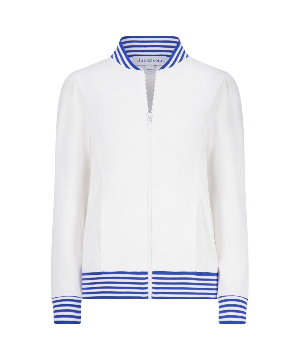 Front view of Dynasty Jacket showing full zip, puffed shoulders, and cadet blue striped ribbed collar, cuffs, and hem on white background