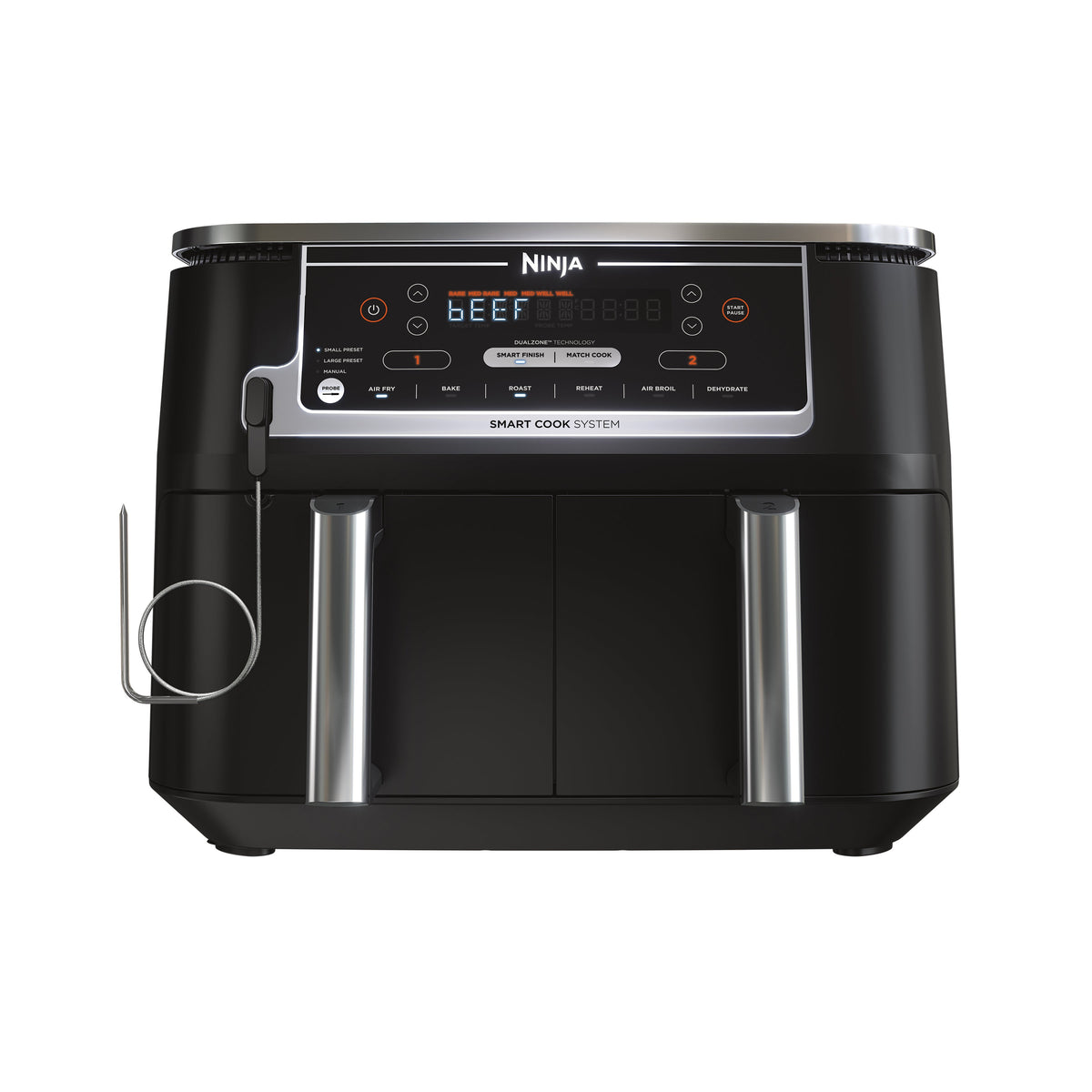 Front view of Foodi 6-in-1 Smart 10 qt DualZone Air Fryer showcasing dual baskets and Smart Thermometer on white background