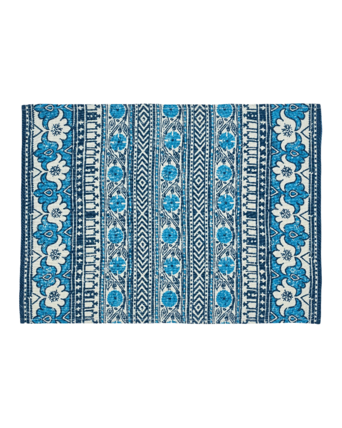 Top view of D’Ascoli Malabar placemat showcasing vintage indigo floral and geometric block-print stripes on white background