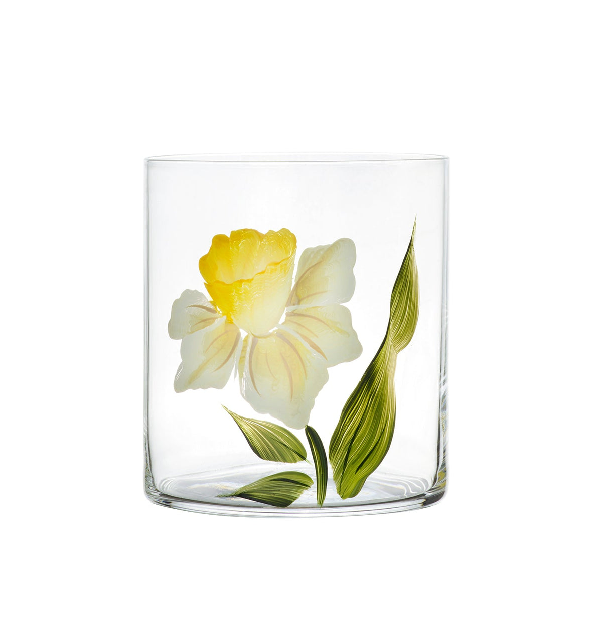 Front view of Daffodil Crystal Tumbler showcasing a hand-painted yellow daffodil and green leaves on clear glass with white background