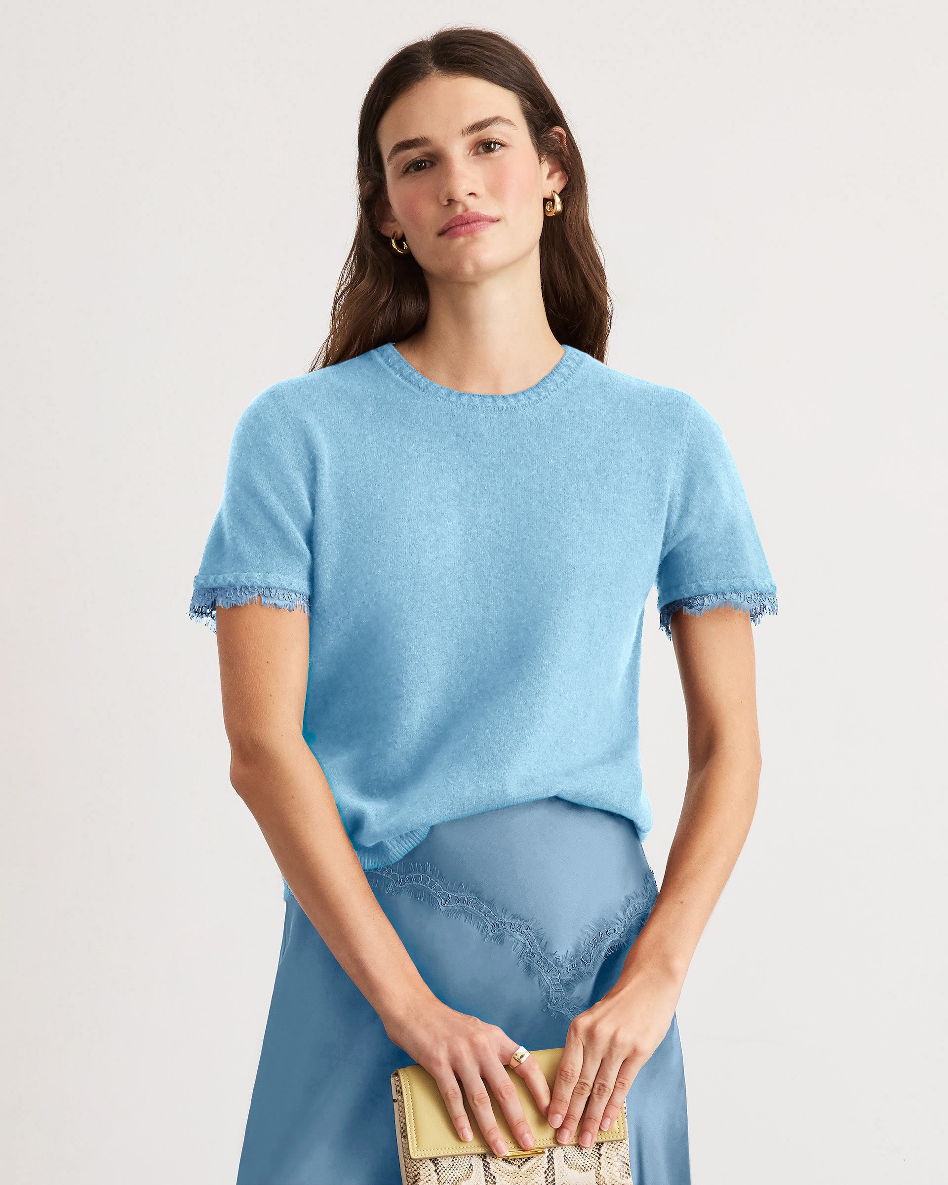 Dailey Cashmere Top With Lace in Shadow Blue