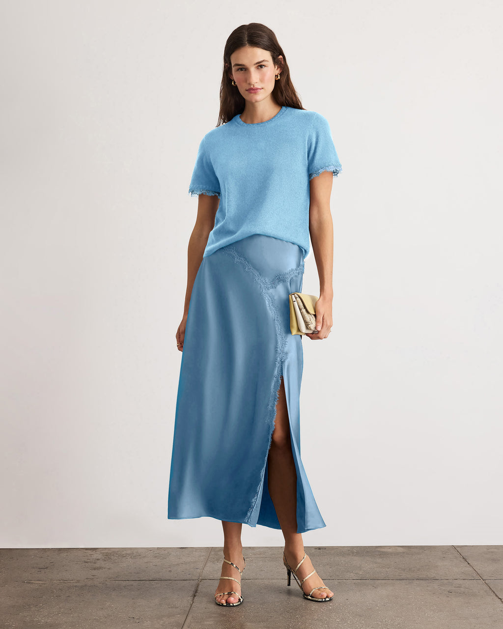 Dailey Cashmere Top With Lace in Shadow Blue