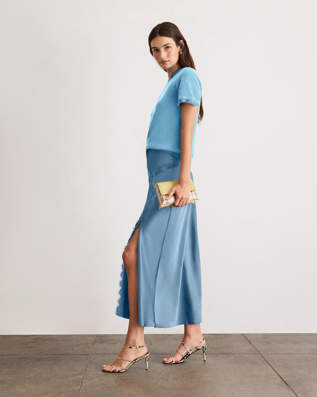 Dailey Cashmere Top With Lace in Shadow Blue