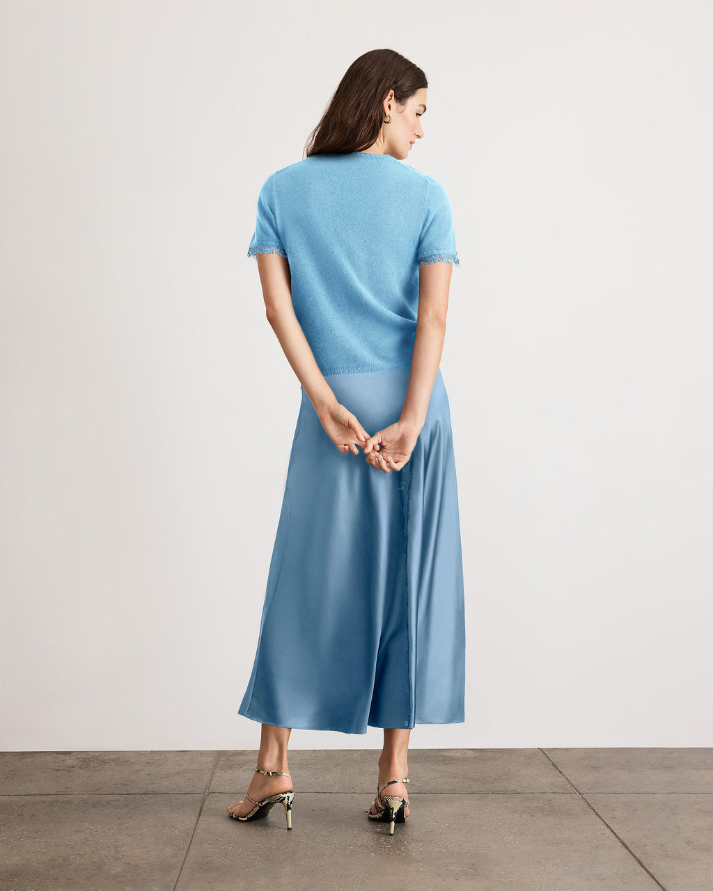 Dailey Cashmere Top With Lace in Shadow Blue