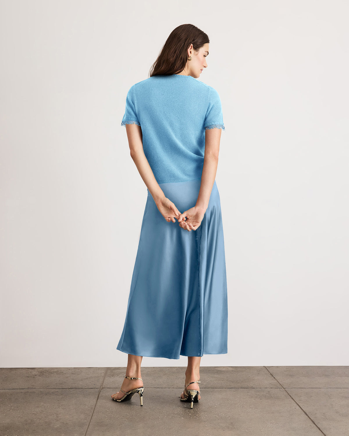 Dailey Cashmere Top With Lace in Shadow Blue