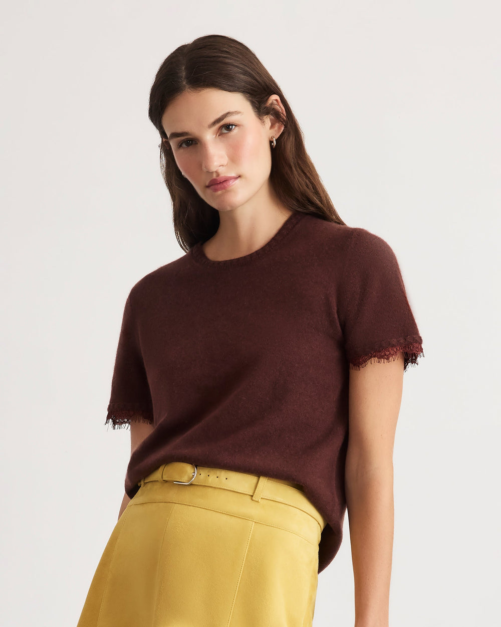 Dailey Cashmere Top with Lace in Deep Redwood