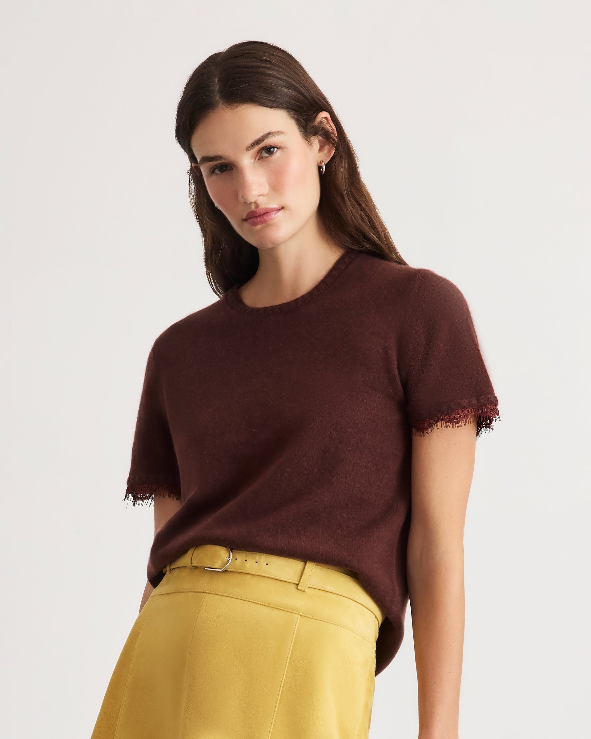 Dailey Cashmere Top with Lace in Deep Redwood