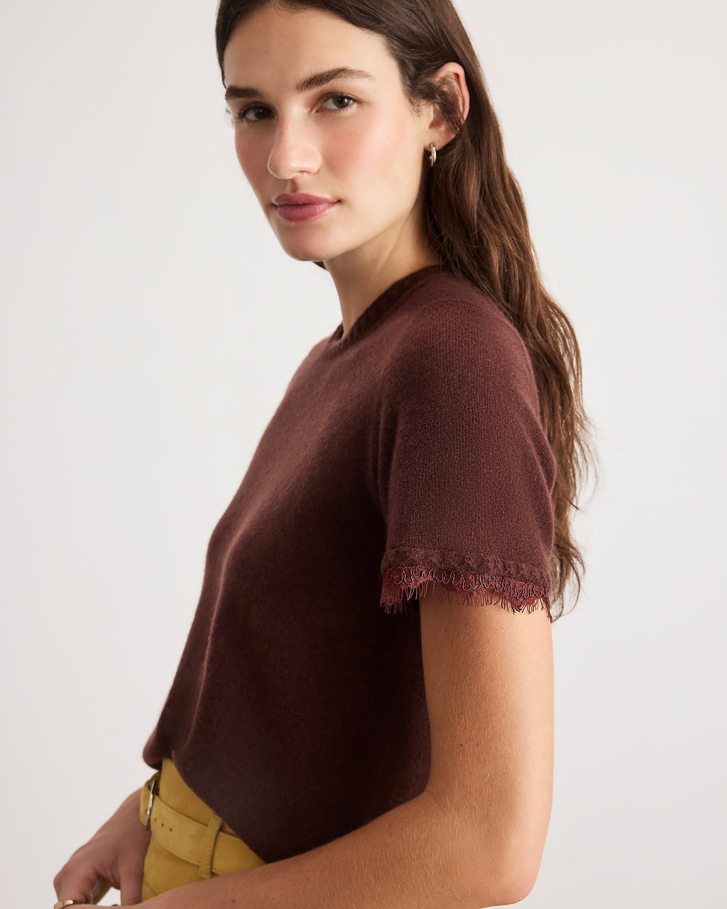 Dailey Cashmere Top with Lace in Deep Redwood