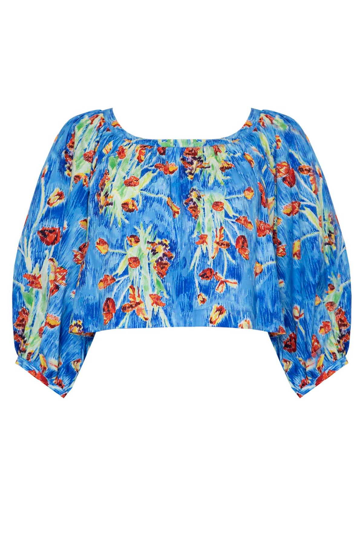 The cropped Daisy top has a scoop neckline and elbow-length balloon sleeves with banded cuffs.