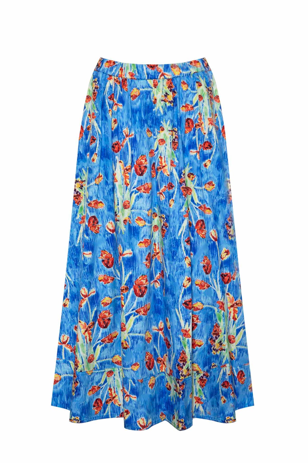 The Tatum midi skirt has a covered elastic waist and relaxed fit in a playful summer print.