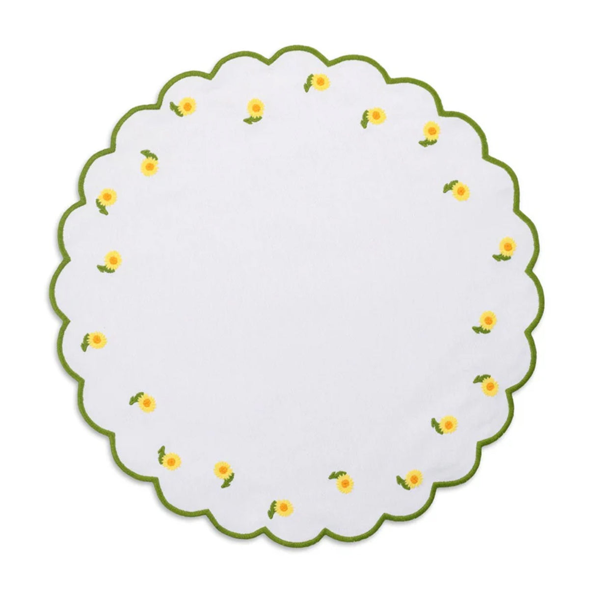 Top-down view of round Daisy placemat showcasing scalloped edge and embroidered yellow daisies with green trim on white background