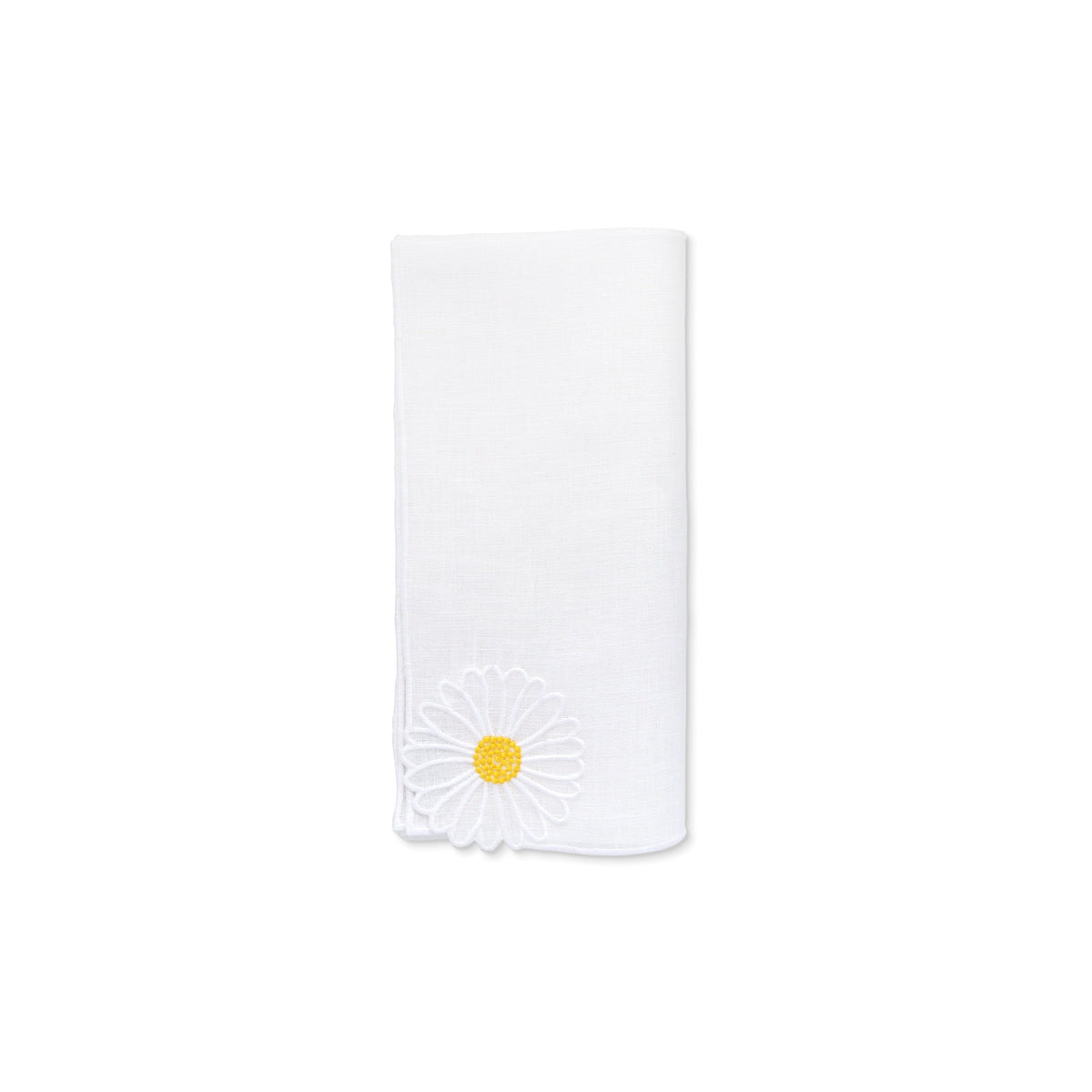 Close-up of Daisy Linen Dinner Napkins, Set of 4 showcasing white linen with daisy corner embroidery on a white background