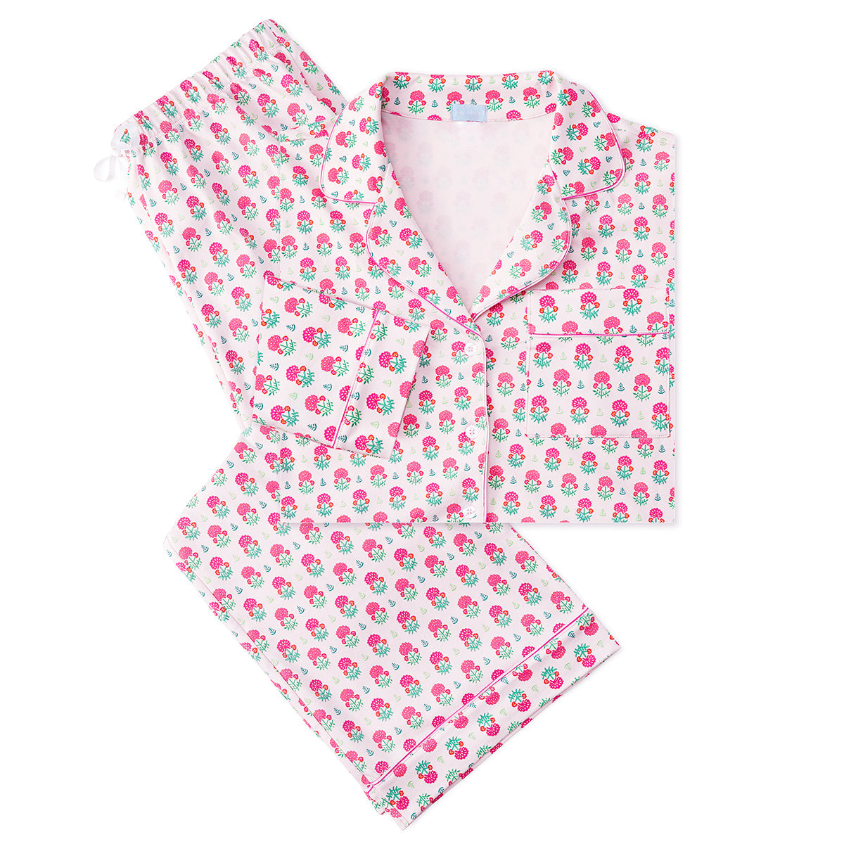 Women's Geranium Block Button Front Long Pajama Set in Pink