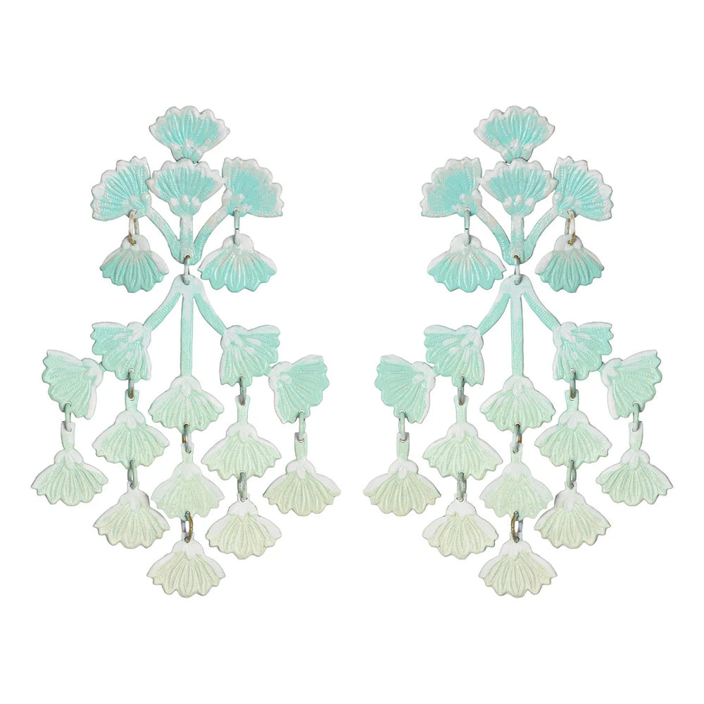 Front view of Mint Mimosa dangle earrings with layered mint floral charms and sterling silver posts on white background