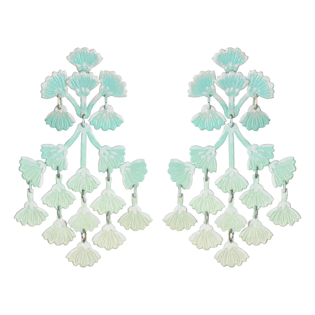 Front view of Mint Mimosa dangle earrings with layered mint floral charms and sterling silver posts on white background