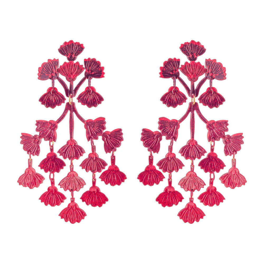 Front view of Sunset Mimosa earrings showcasing cascading hand-painted blossom charms in sunset red and pink on white background