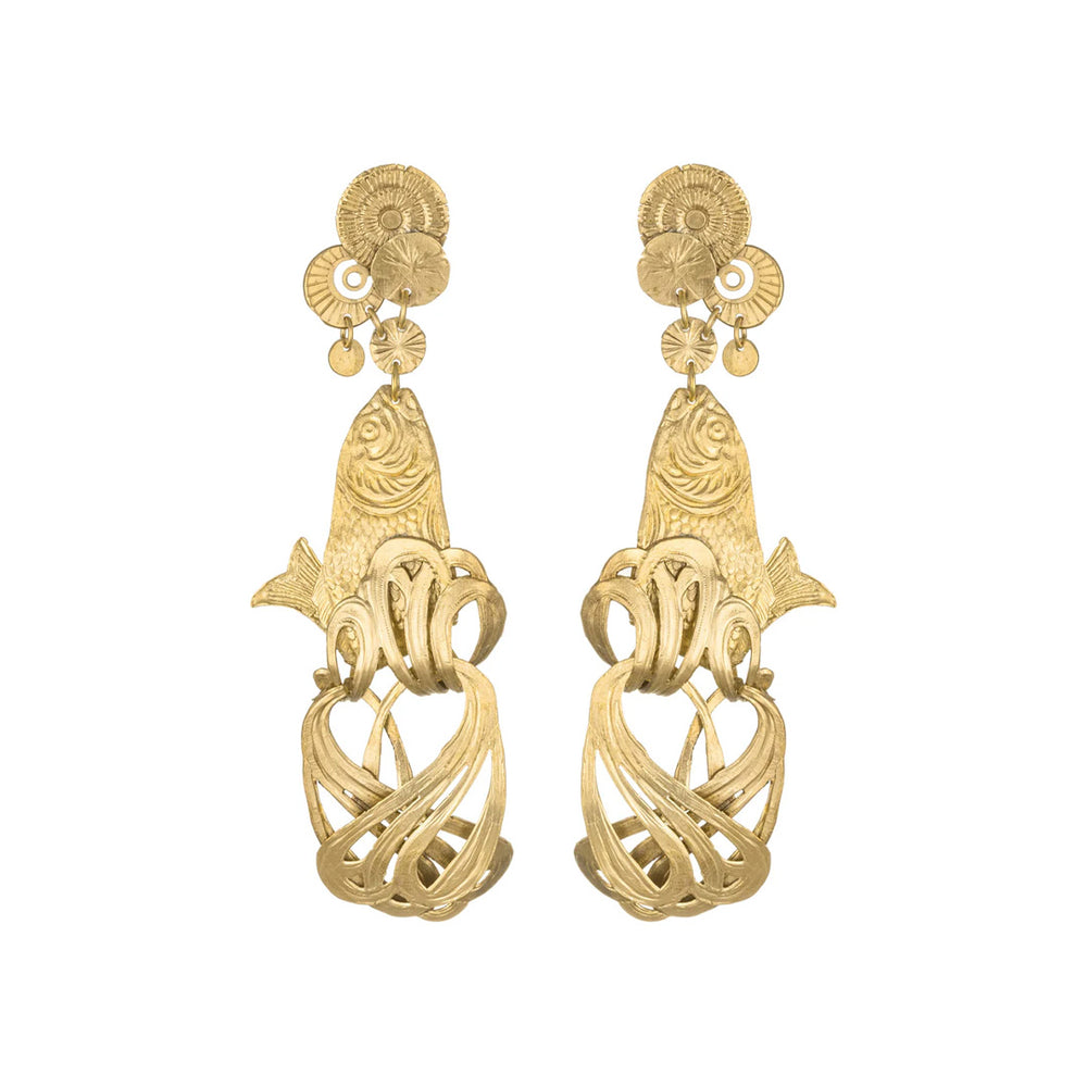Front view of Sacred Cod earrings showcasing engraved fish motif and sculptural looped brass drops on white background