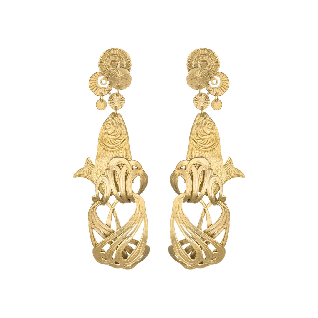 Front view of Sacred Cod earrings showcasing engraved fish motif and sculptural looped brass drops on white background