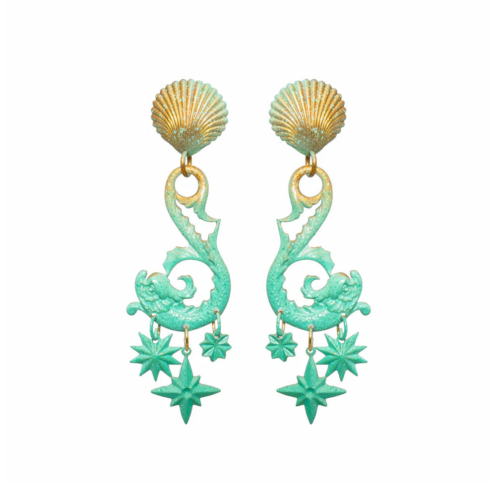 Front view of Aqua Neptune earrings with hand-painted aqua-green patina, shell top, and three dangling star charms