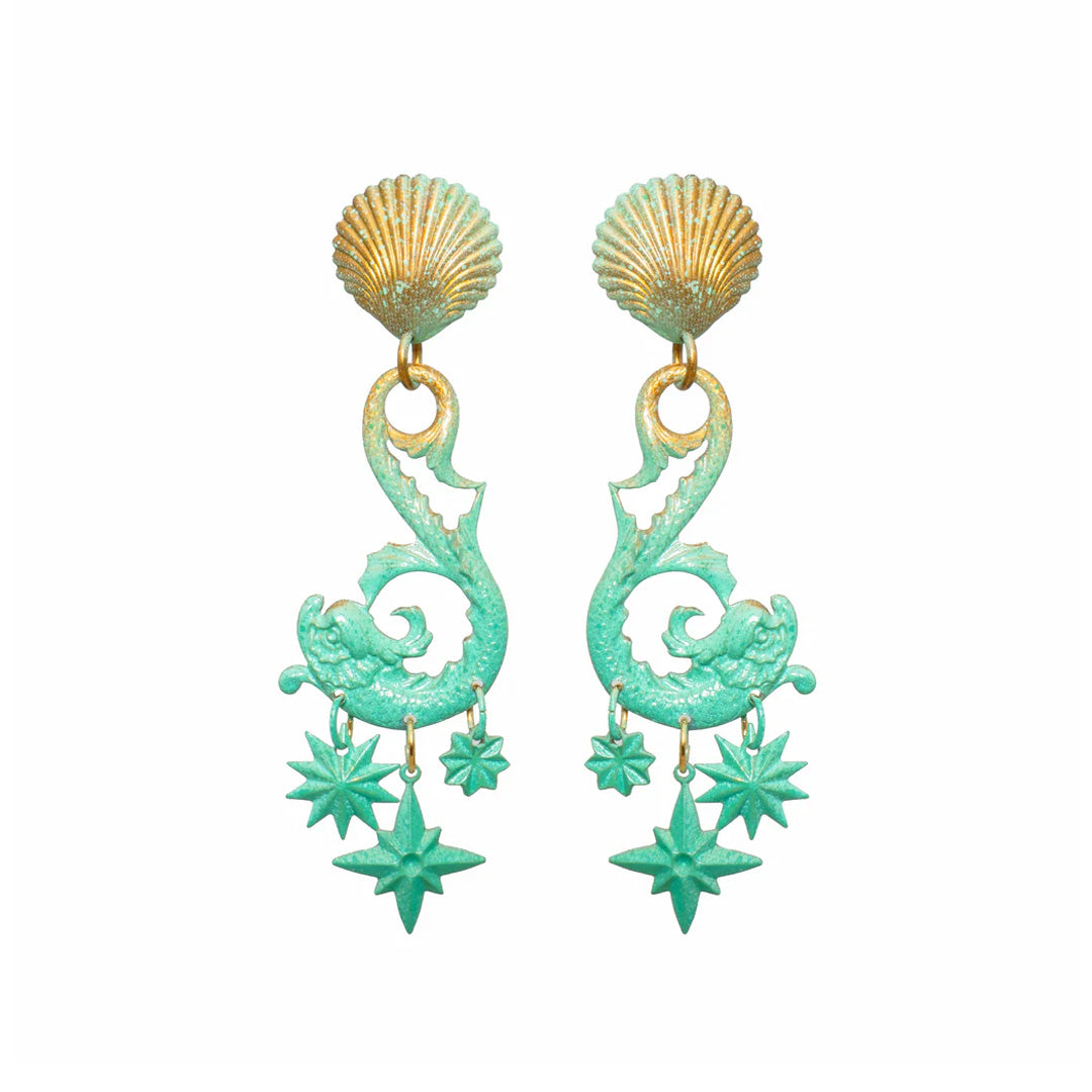 Front view of Aqua Neptune earrings with hand-painted aqua-green patina, shell top, and three dangling star charms