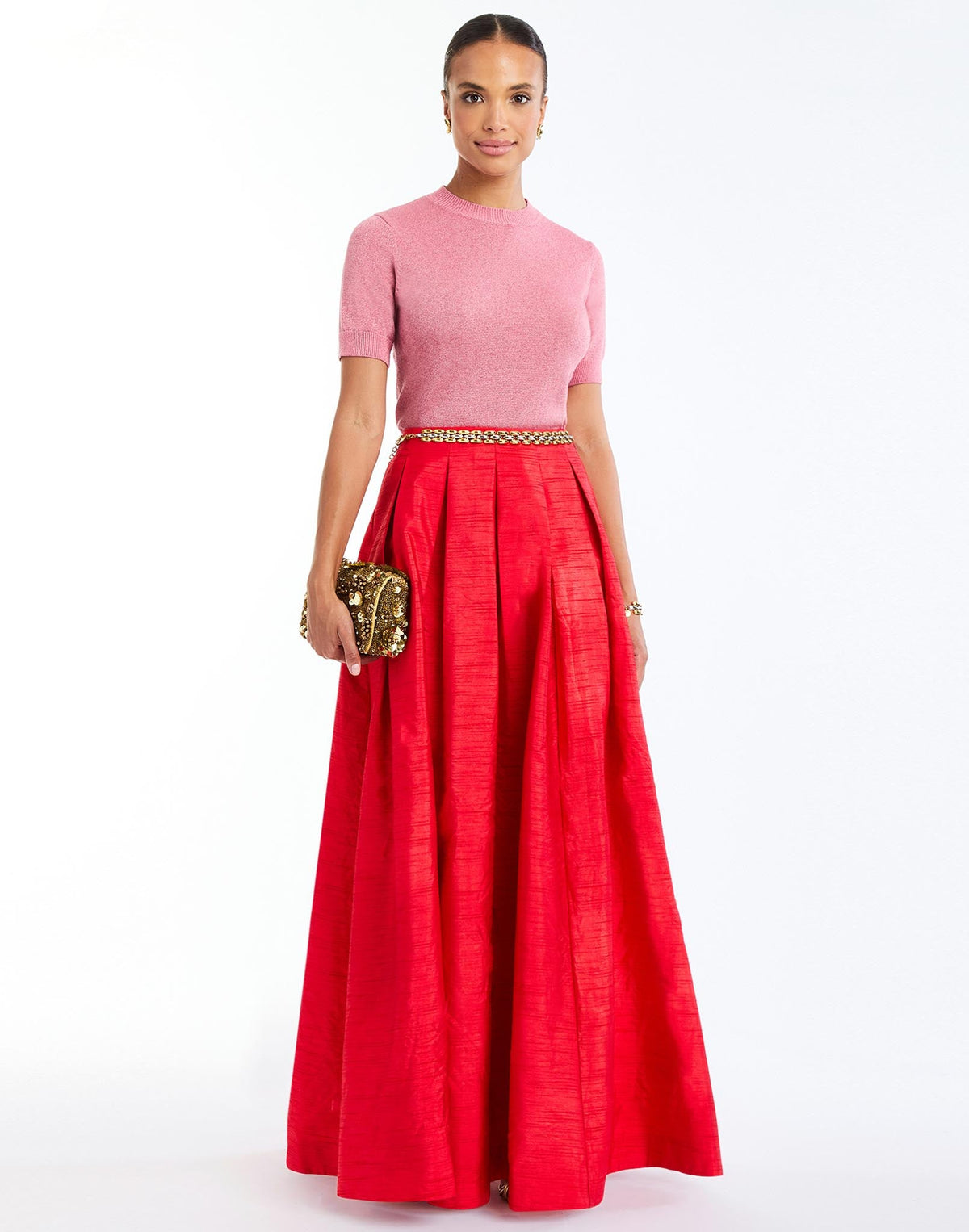Daphne Ball Skirt in Rose Red full body – evening ball skirt with voluminous box pleats, side seam pockets, and full lining by Mestiza New York.