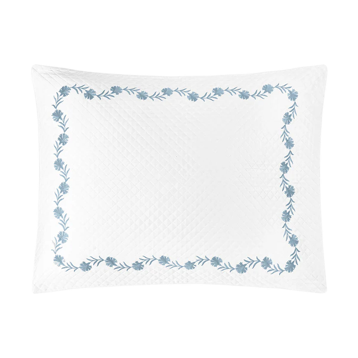 Front view of Daphne Matelasse sham showing blue floral embroidered border and diamond matelasse texture on white background