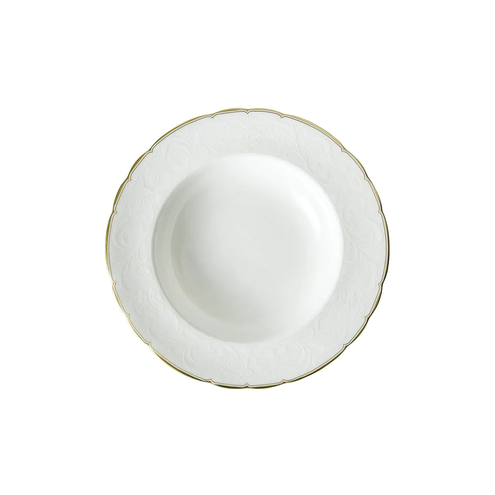 Top view of Darley Abbey Gold dinner plate showcasing embossed white bone china and scalloped gold rim on white background