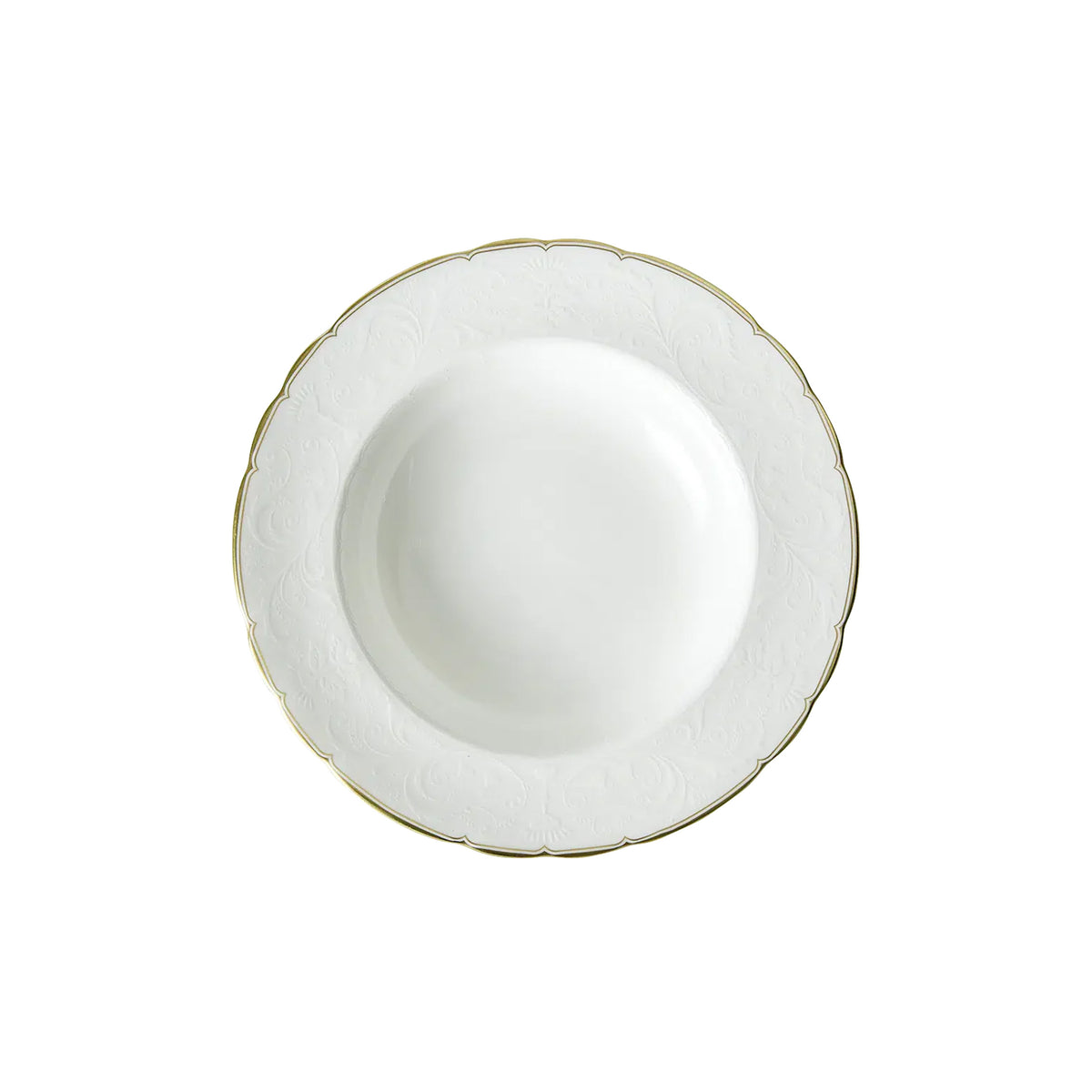 Top view of Darley Abbey Gold dinner plate showcasing embossed white bone china and scalloped gold rim on white background