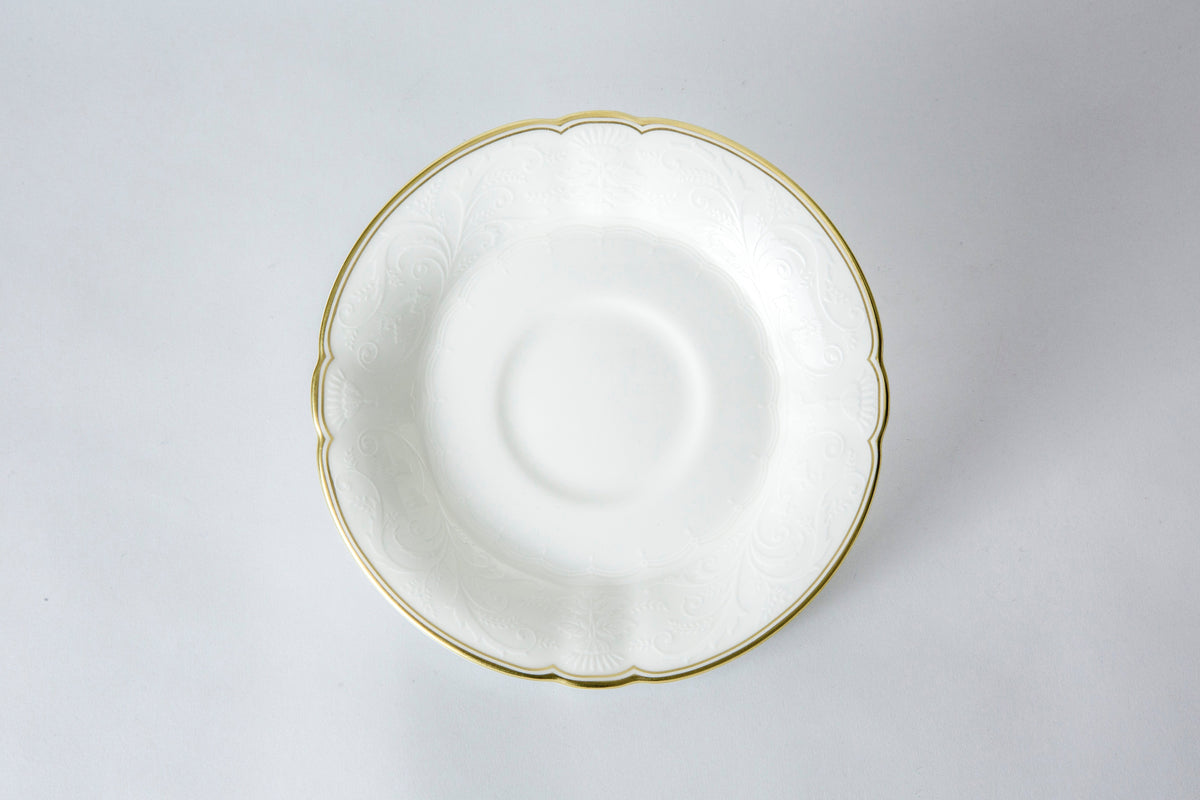 Top view of Darley Abbey tea saucer showcasing white bone china with gold rim on light gray background