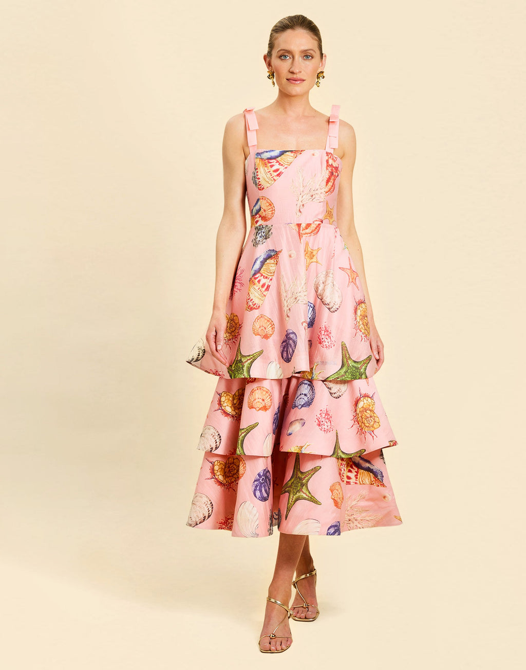 Darling Convertible Midi Dress in Seashell Symphony linen with strappy bodice, removable tiers, and convertible midi-to-mini silhouette.