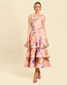 Darling Convertible Midi Dress in Seashell Symphony linen with strappy bodice, removable tiers, and convertible midi-to-mini silhouette.