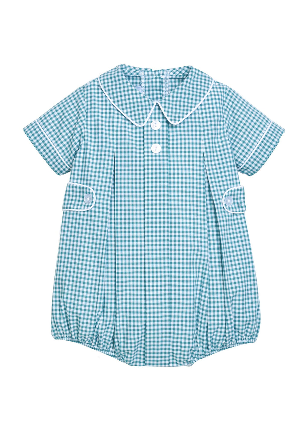 Little English traditional children's clothing.  Short sleeve bubble for baby boys in aqua Alpine Gingham with button tabs, Eton collar, and white contrast piping.