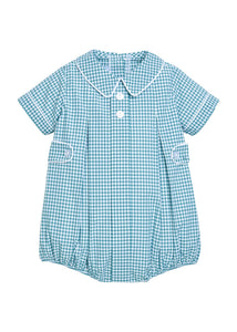 Little English traditional children's clothing.  Short sleeve bubble for baby boys in aqua Alpine Gingham with button tabs, Eton collar, and white contrast piping.