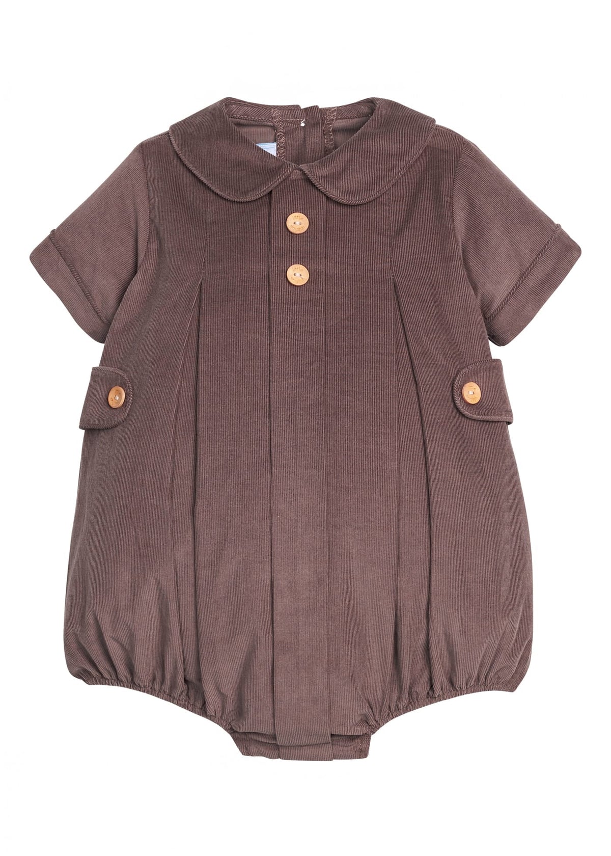 Little English traditional children's clothing.  Short sleeve peter pan bubble for baby boys in brown Chocolate Corduroy with button tabs and tonal piping.