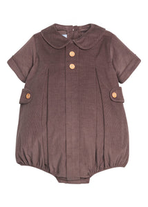 Little English traditional children's clothing.  Short sleeve peter pan bubble for baby boys in brown Chocolate Corduroy with button tabs and tonal piping.