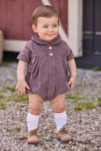 Little English traditional children's clothing company.  Short sleeve peter pan bubble in chocolate brown corduroy with wood button details for baby boys