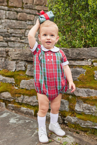 Little English traditional clothing, davant bubble in red, green, and blue highlands tartan pattern with buttons on chest for baby boy 