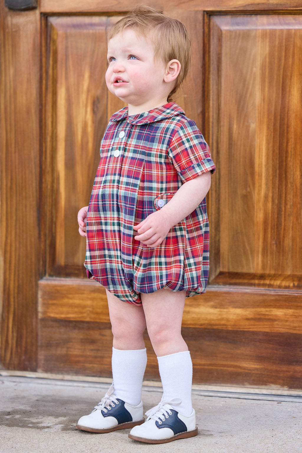 little english classic children's clothing, deep red and navy plaid for fall, holiday plaid 