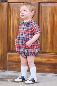 little english classic children's clothing, deep red and navy plaid for fall, holiday plaid 