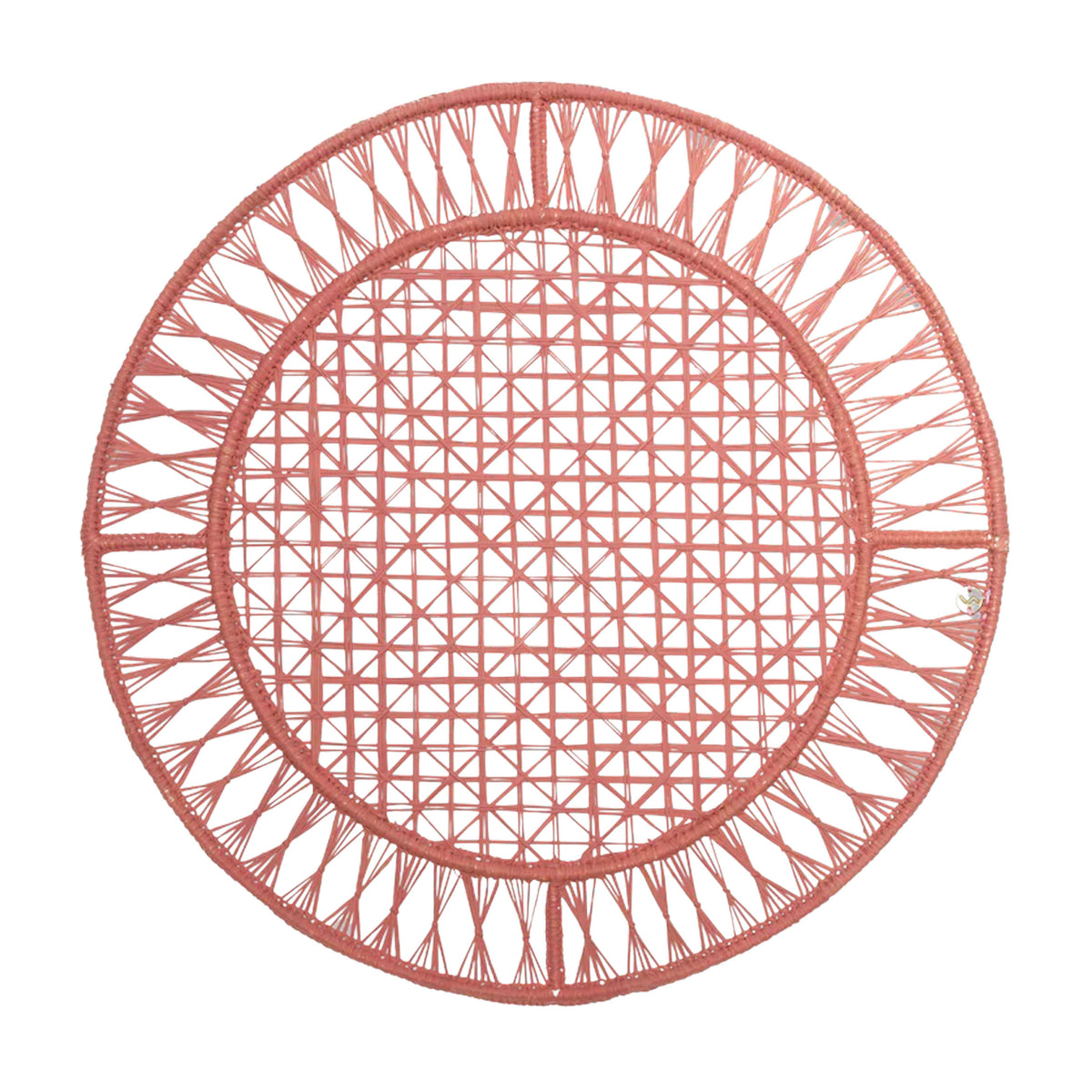 Top view of David Hicks Woven Placemat in Pink showcasing geometric wicker lattice and radiating border on white