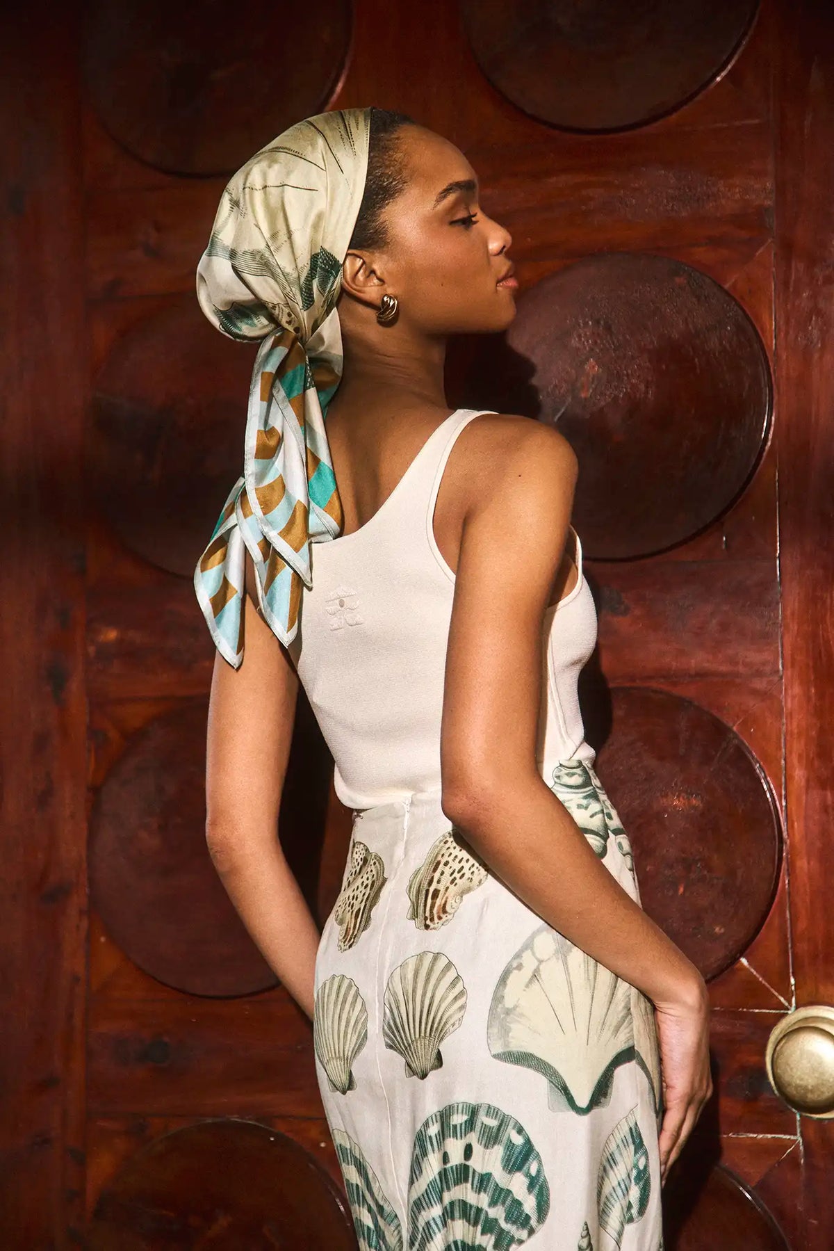 The Coquille Scarf in Somers Shell Cream paired with Davis Cami & matching Lynne Skirt.