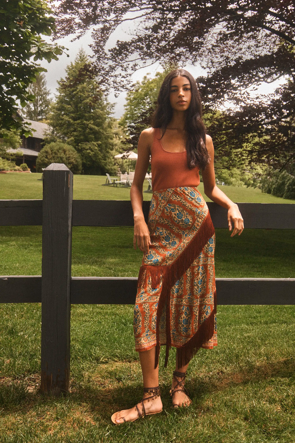 The Allyne Skirt in Amber Glen Brown paired with Davis Cami in Rust and matching scarf. 