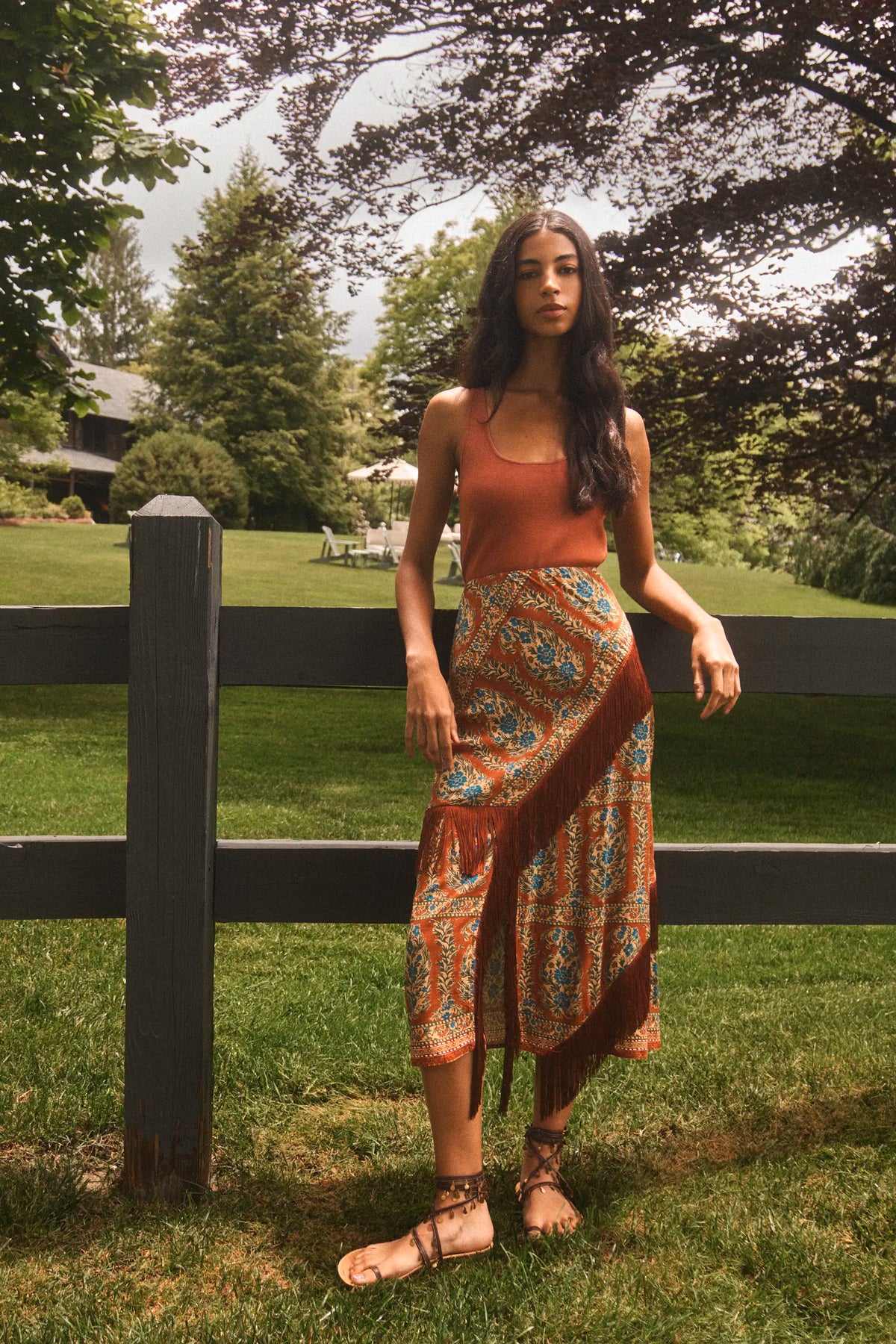 The Allyne Skirt in Amber Glen Brown paired with Davis Cami in Rust and matching scarf. 