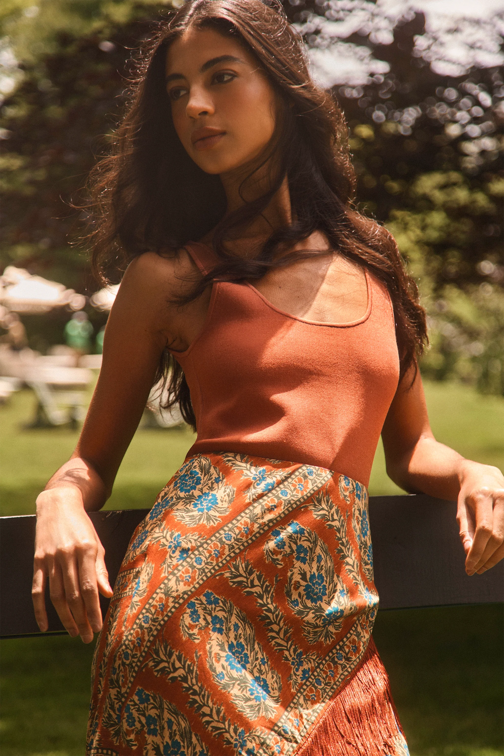 The Allyne Skirt in Amber Glen Brown paired with Davis Cami in Rust and matching scarf. 