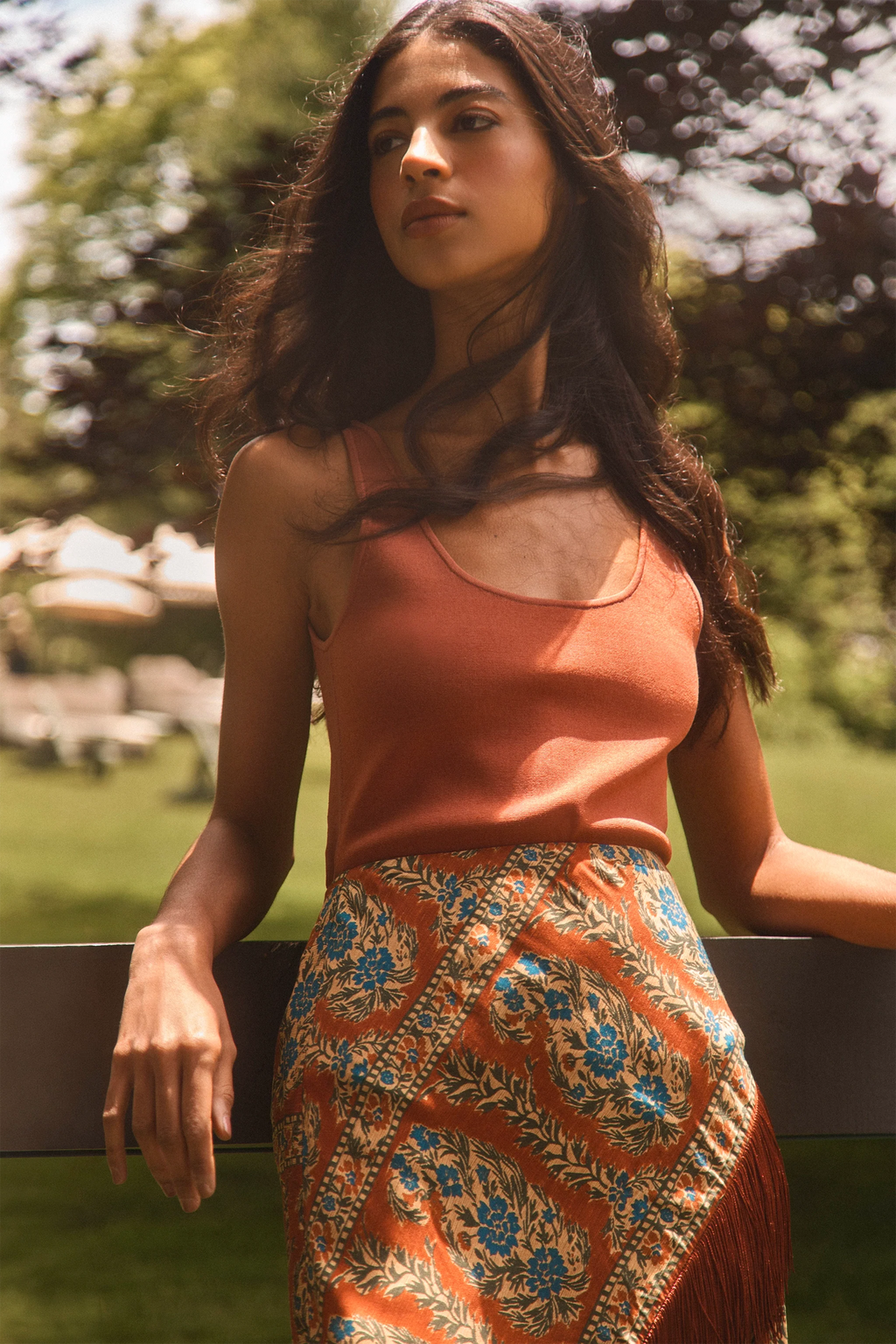 The Davis Cami paired with Allyne Skirt in Amber Glen Brown and matching scarf.