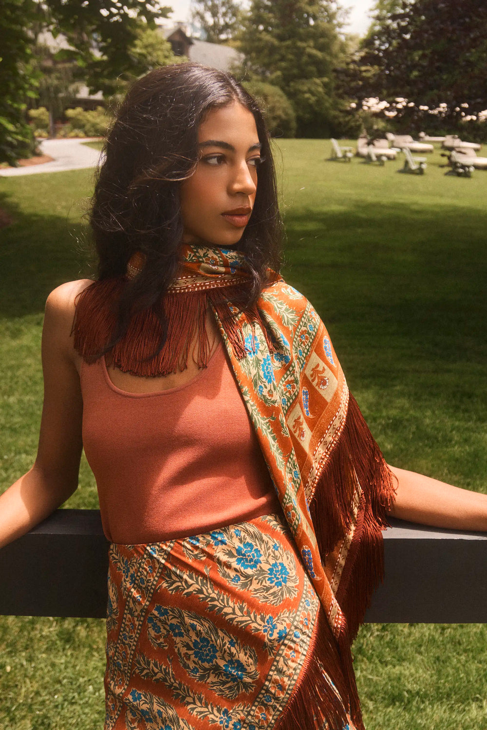 The oversized scarf in Amber Glen Brown paired with matching Allyne skirt and Davis Cami in Rust.