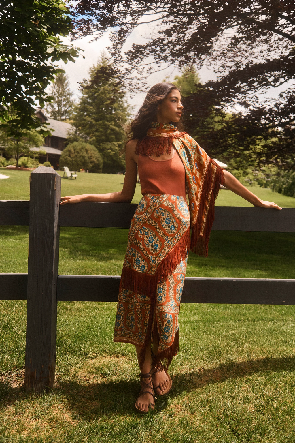 The Allyne Skirt in Amber Glen Brown paired with Davis Cami in Rust and matching scarf. 