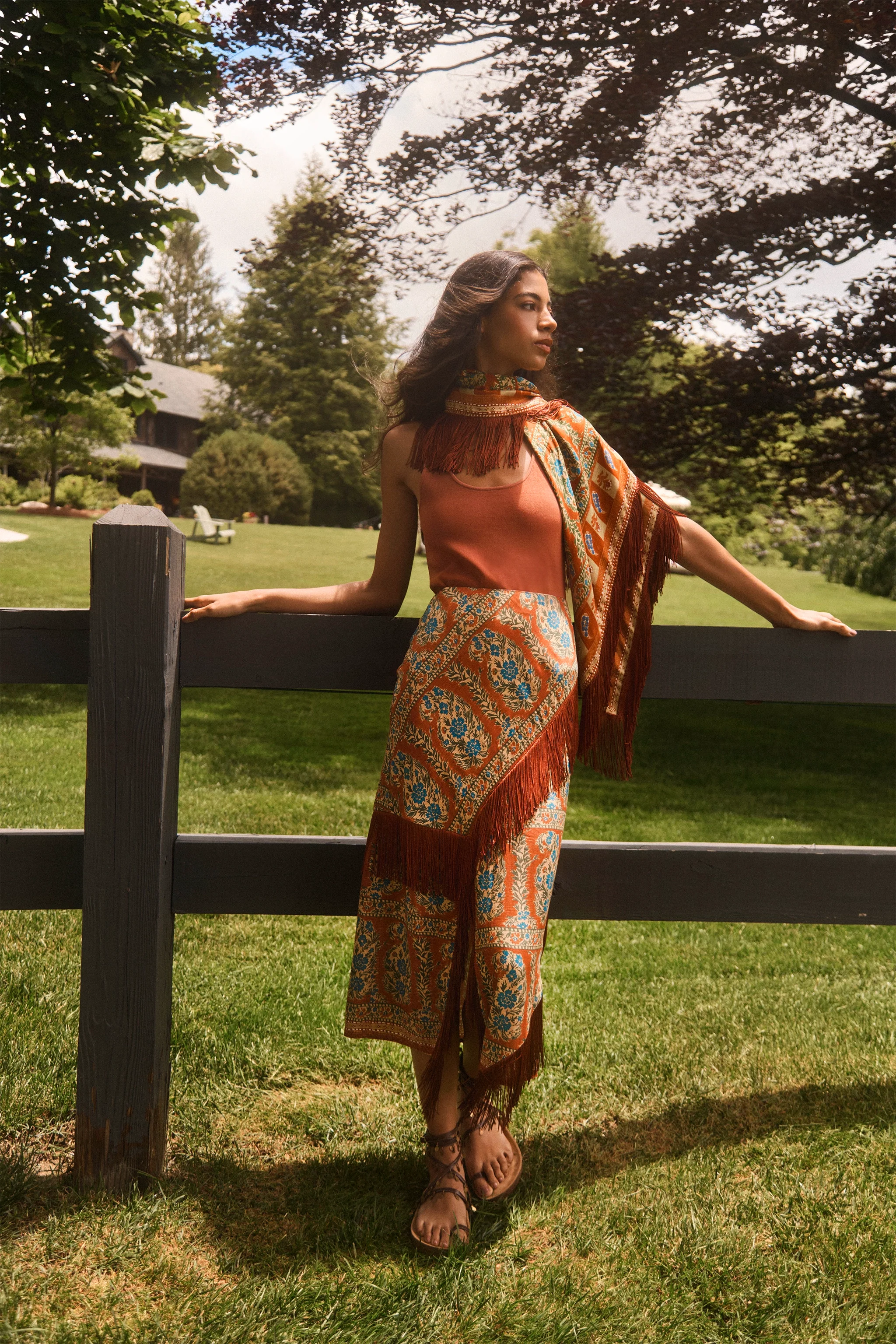 The Allyne Skirt in Amber Glen Brown paired with Davis Cami in Rust and matching scarf. 
