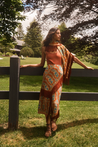 The Allyne Skirt in Amber Glen Brown paired with Davis Cami in Rust and matching scarf. 