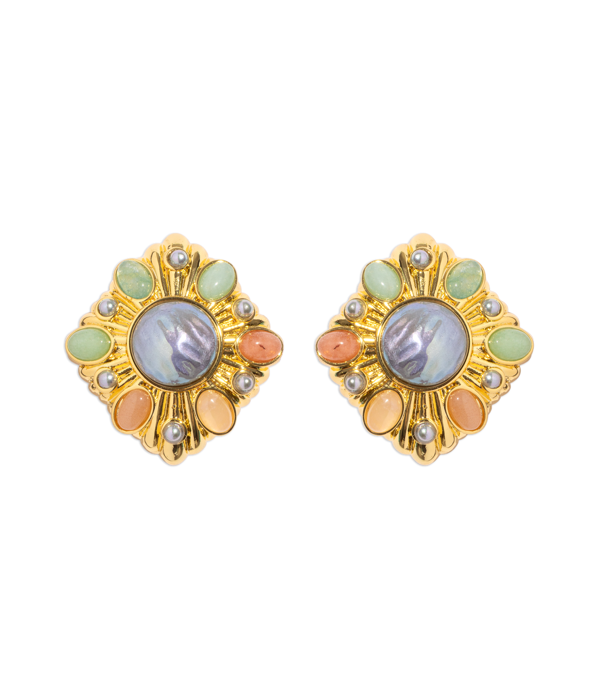 Front view of Davis earrings showcasing pastel cabochons and central iridescent stone on gold-tone frames on black background